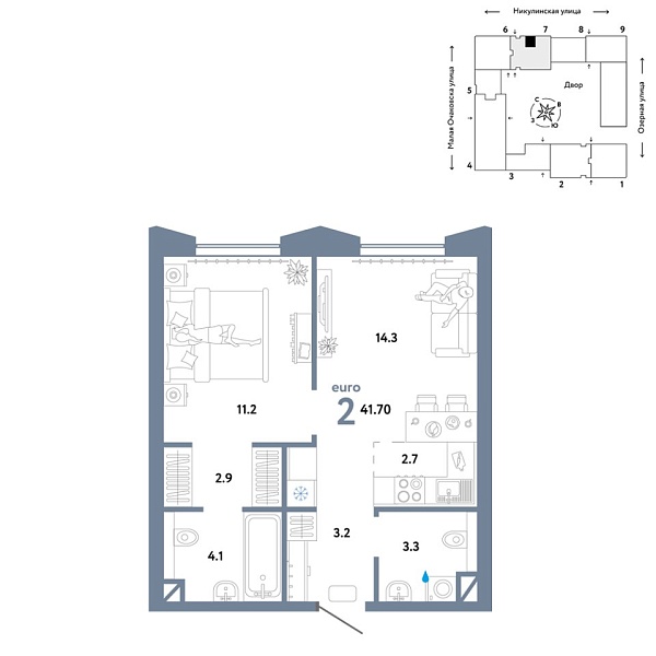 Новая 2-к квартира
 41.7 м² на 10/30 этаже в ЖК «Страна.Озёрная» в городе Тюмень 