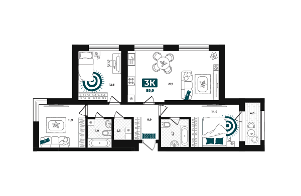 Новая 3-к квартира
 89.9 м² на 6/23 этаже в ЖК «Добро» в городе Тюмень 