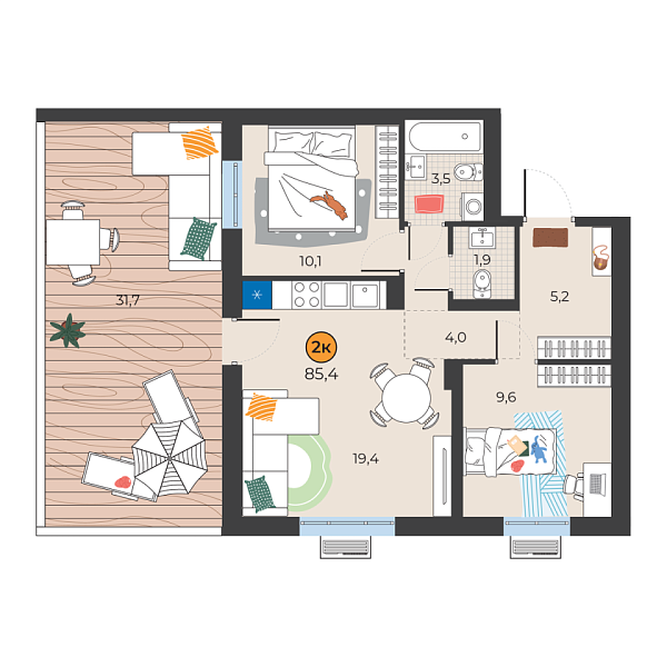 Новая 2-к квартира
 63.2 м² на 2/25 этаже в ЖК «Корней» в городе Тюмень 