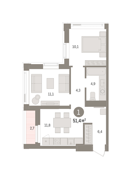 Новая 1-к квартира
 51.38 м² на 21/25 этаже в ЖК «Зарека» в городе Тюмень 