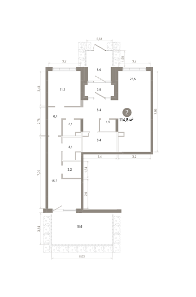 Количество комнат: 2,  114.83 кв.м.
