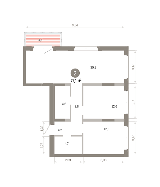 Количество комнат: 2,  77.05 кв.м.