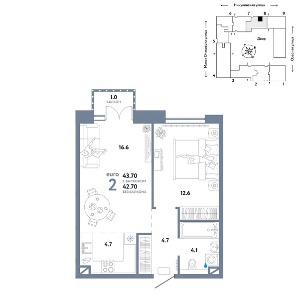 Новая 2-к квартира
 43.7 м² на 5/30 этаже в ЖК «Страна.Озёрная» в городе Тюмень 