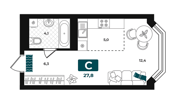 Новая квартира-студия
 27.8 м² на 10/23 этаже в ЖК «Добро» в городе Тюмень 