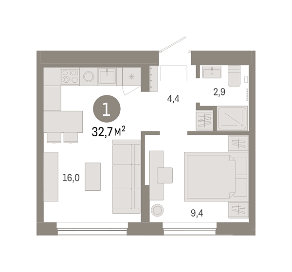 Новая 1-к квартира
 32.67 м² на 5/9 этаже в ЖК «Октябрьский на Туре» в городе Тюмень 