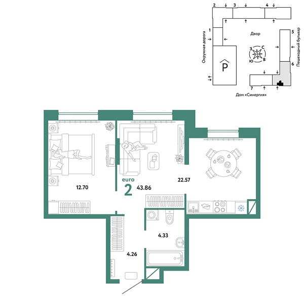 Новая 2-к квартира
 43.86 м² на 10/16 этаже в ЖК «Юнион» в городе Тюмень 