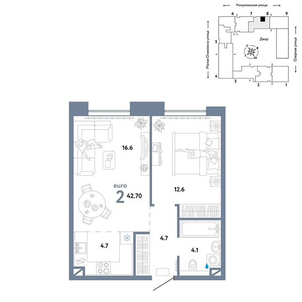Новая 2-к квартира
 42.7 м² на 2/30 этаже в ЖК «Страна.Озёрная» в городе Тюмень 