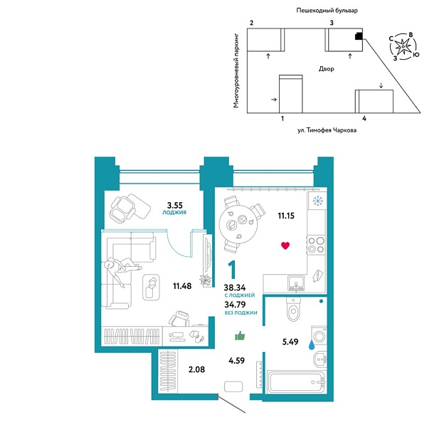 Новая 1-к квартира
 38.34 м² на 30/31 этаже в ЖК «Звёздный» в городе Тюмень 