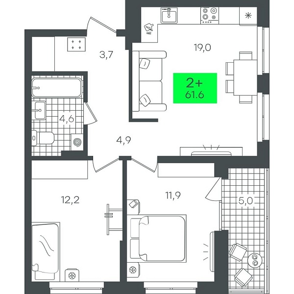 Новая 2-к квартира
 61.65 м² на 9/22 этаже в ЖК «Гранд Квартал» в городе Тюмень 
