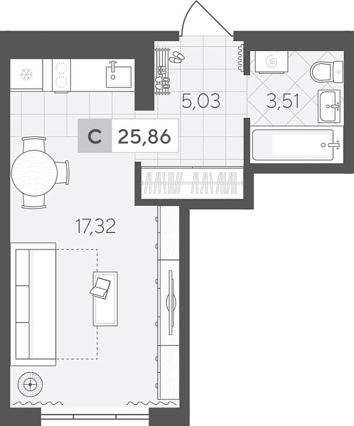 Новая квартира-студия
 25.86 м² на 3/4 этаже в ЖК «Скандиа. Квартал у Озера» в городе Тюмень 