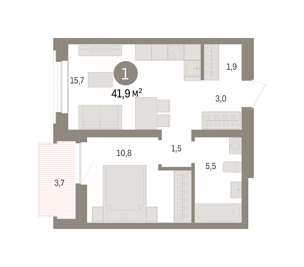 Новая 1-к квартира
 41.9 м² на 5/9 этаже в ЖК «Речной порт» в городе Тюмень 