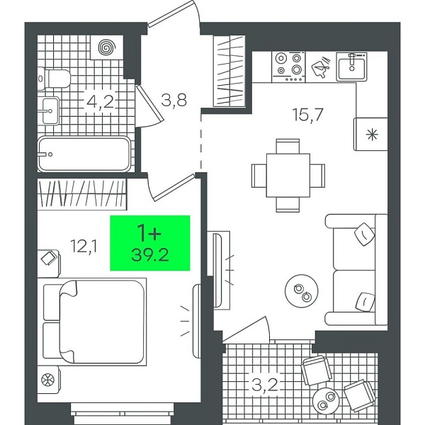Новая 1-к квартира
 39.25 м² на 7/22 этаже в ЖК «Гранд Квартал» в городе Тюмень 