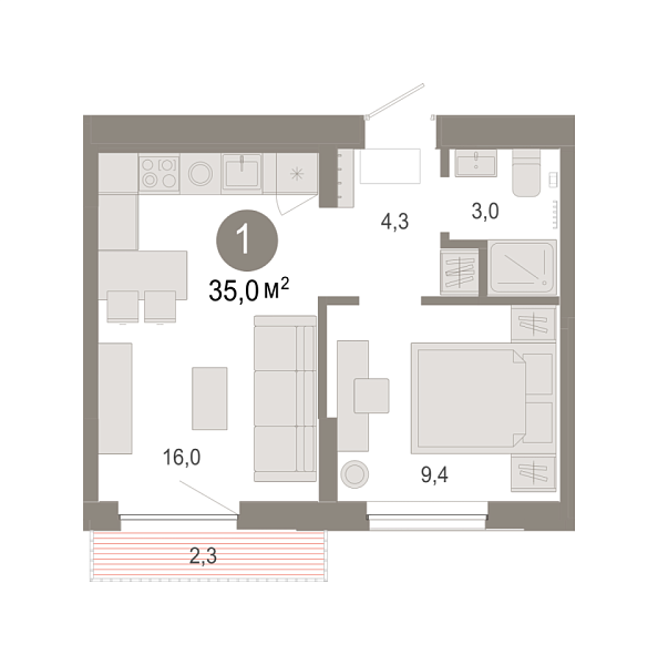 Новая 1-к квартира
 34.97 м² на 3/9 этаже в ЖК «Октябрьский на Туре» в городе Тюмень 