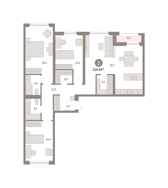 Новая 3-к квартира
 114.43 м² на 3/8 этаже в ЖК «Зарека» в городе Тюмень 