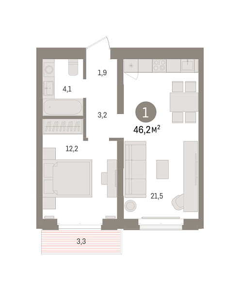 Новая 1-к квартира
 46.23 м² на 6/7 этаже в ЖК «Кварталы «На Минской»» в городе Тюмень 