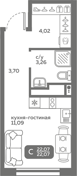 Новая квартира-студия
 22.07 м² на 4/20 этаже в ЖК «Меридиан Слобода» в городе Тюмень 