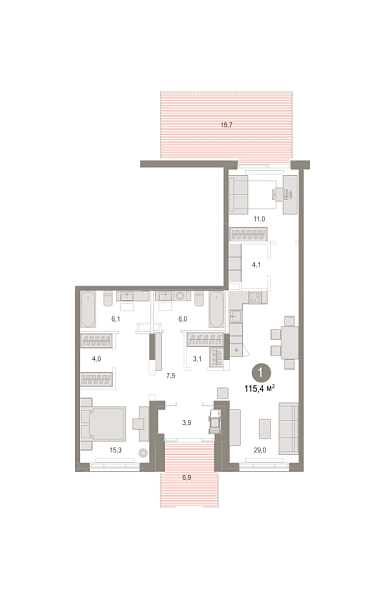 Новая 1-к квартира
 115.44 м² на 1/7 этаже в ЖК «Октябрьский на Туре» в городе Тюмень 