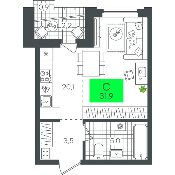 Новая квартира-студия
 31.91 м² на 2/12 этаже в ЖК «Гранд Квартал» в городе Тюмень 