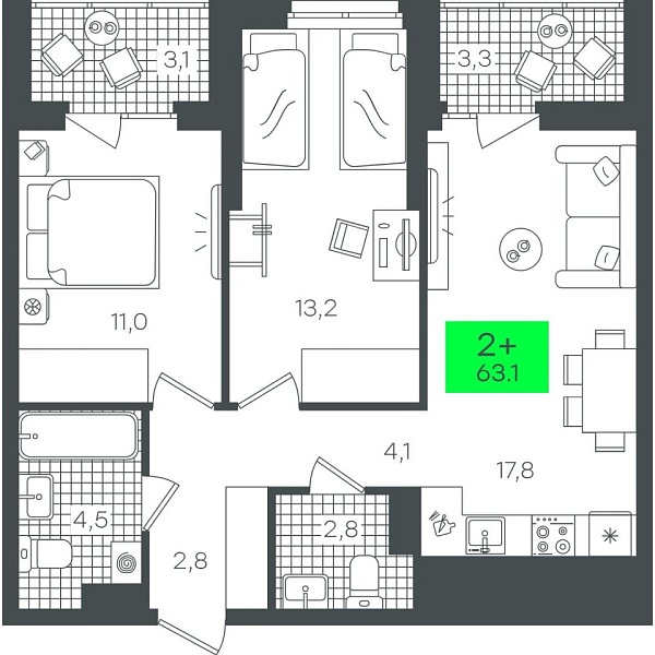 Новая 2-к квартира
 63.14 м² на 20/22 этаже в ЖК «Гранд Квартал» в городе Тюмень 