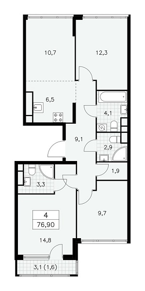 Новая 4-к квартира
 76.9 м² на 30/30 этаже в ЖК «Южные сады» в городе Тюмень 