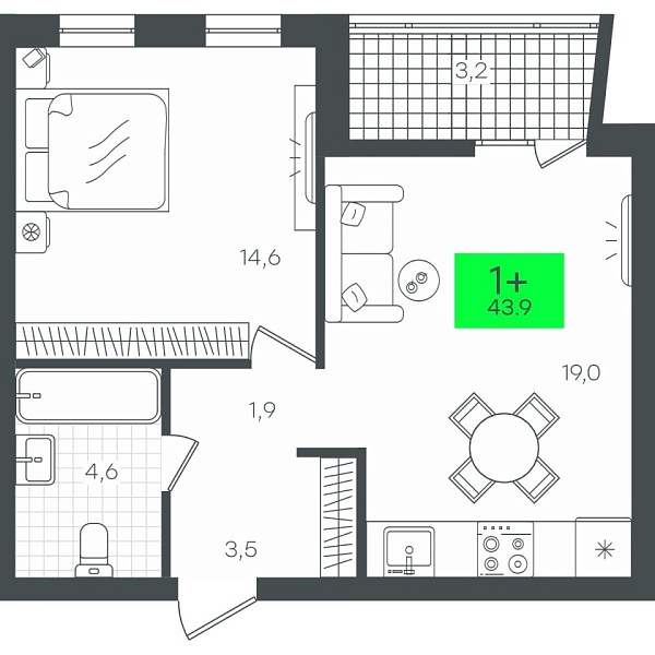 Новая 1-к квартира
 47.24 м² на 1/10 этаже в ЖК «Гранд Квартал» в городе Тюмень 