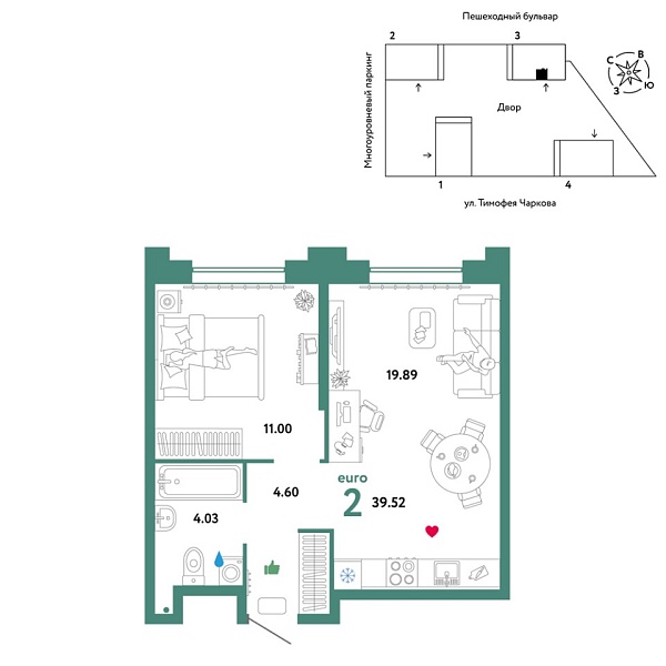 Новая 2-к квартира
 39.52 м² на 27/31 этаже в ЖК «Звёздный» в городе Тюмень 