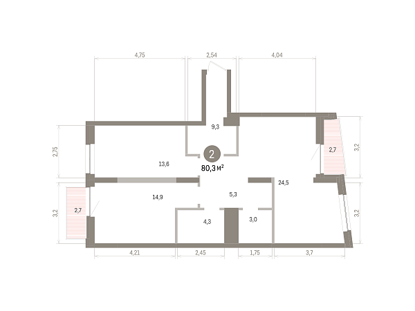 Количество комнат: 2,  80.3 кв.м.