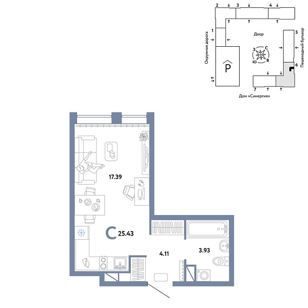 Новая квартира-студия
 25.43 м² на 14/16 этаже в ЖК «Юнион» в городе Тюмень 