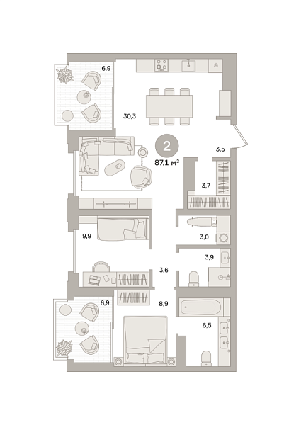 Новая 2-к квартира
 87.08 м² на 15/24 этаже в ЖК «Квартал «МОНС»» в городе Тюмень 