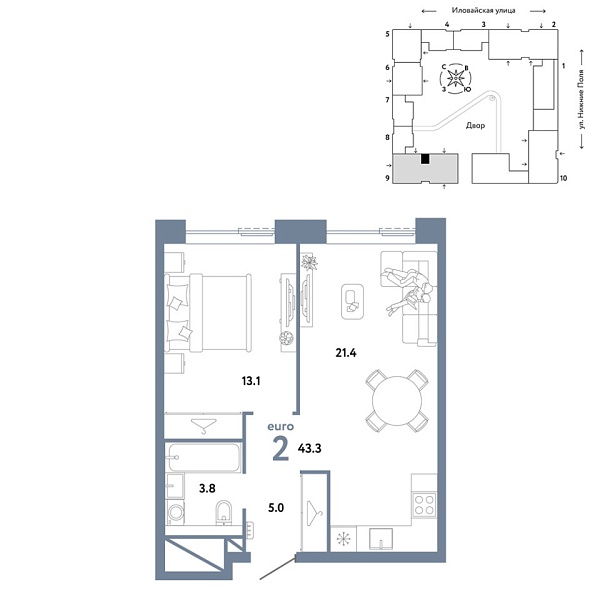 Новая 2-к квартира
 43.3 м² на 27/38 этаже в ЖК «Страна.Заречная» в городе Тюмень 