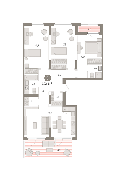 Новая 2-к квартира
 123.71 м² на 2/8 этаже в ЖК «Зарека» в городе Тюмень 