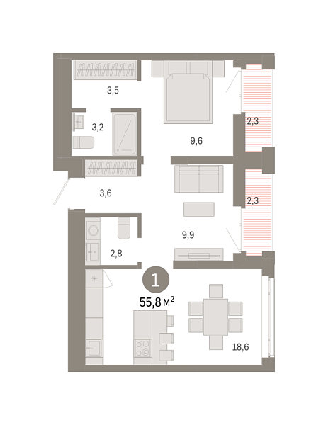 Новая 1-к квартира
 55.76 м² на 13/18 этаже в ЖК «Республики 205» в городе Тюмень 