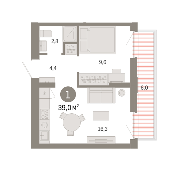 Новая 1-к квартира
 38.99 м² на 4/8 этаже в ЖК «Республики 205» в городе Тюмень 