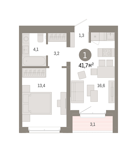 Новая 1-к квартира
 41.72 м² на 6/7 этаже в ЖК «Кварталы «На Минской»» в городе Тюмень 
