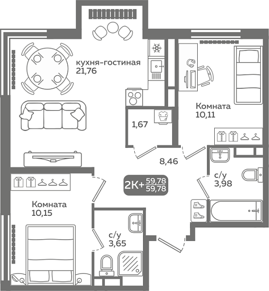 Новая 2-к квартира
 59.78 м² на 7/21 этаже в ЖК «Меридиан Слобода» в городе Тюмень 