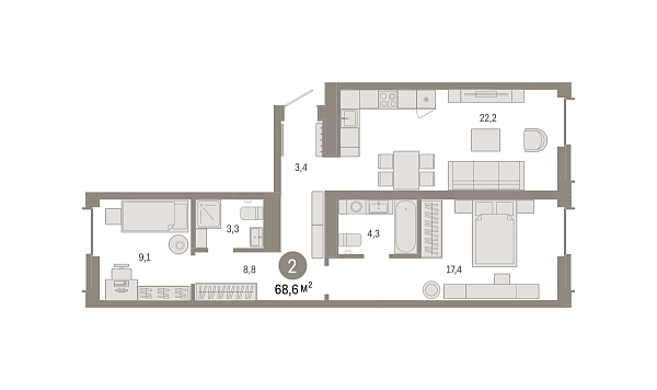 Новая 2-к квартира
 68.59 м² на 3/7 этаже в ЖК «Республики 205» в городе Тюмень 