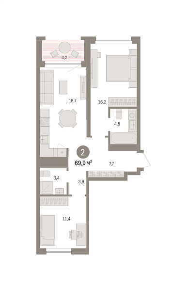 Новая 2-к квартира
 69.87 м² на 2/4 этаже в ЖК «Европейский квартал» в городе Тюмень 