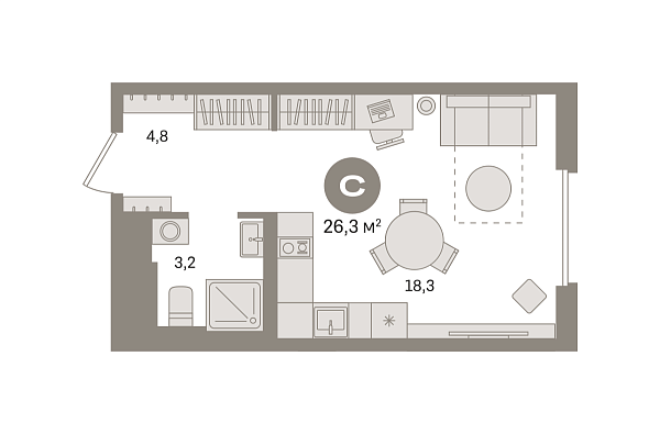 Новая квартира-студия
 26.32 м² на 15/16 этаже в ЖК «Квартал Герцена» в городе Тюмень 
