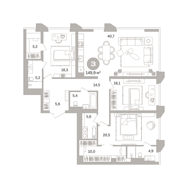 Новая 3-к квартира
 149.89 м² на 19/25 этаже в ЖК «Гоголя 21» в городе Тюмень 