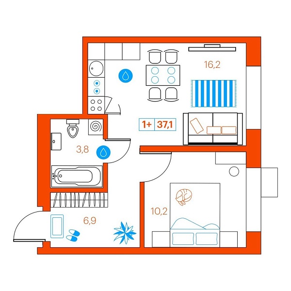 Новая 1-к квартира
 37.4 м² на 20/22 этаже в ЖК «SuperSky» в городе Тюмень 