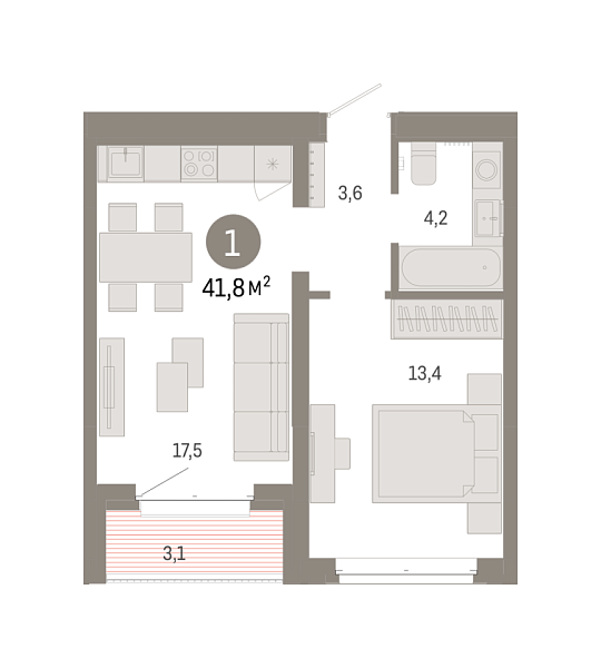 Новая 1-к квартира
 41.81 м² на 3/7 этаже в ЖК «Кварталы «На Минской»» в городе Тюмень 