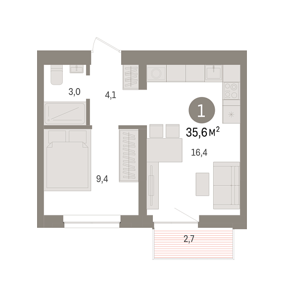 Новая 1-к квартира
 35.6 м² на 7/9 этаже в ЖК «Речной порт» в городе Тюмень 