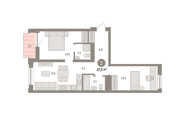 Новая 2-к квартира
 67.5 м² на 5/10 этаже в ЖК «Речной порт» в городе Тюмень 