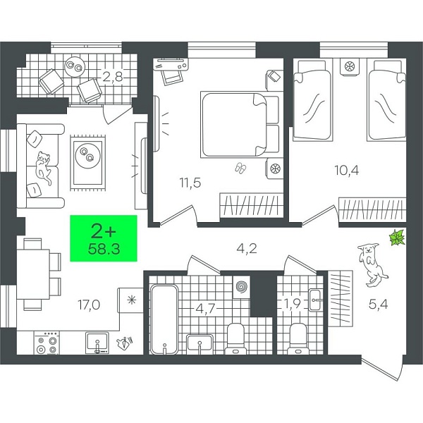 Новая 2-к квартира
 58.37 м² на 8/19 этаже в ЖК «Гранд Квартал» в городе Тюмень 