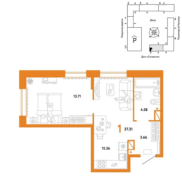 Новая 1-к квартира
 37.31 м² на 13/16 этаже в ЖК «Юнион» в городе Тюмень 