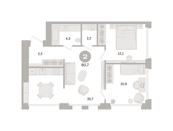 Новая 2-к квартира
 60.7 м² на 3/8 этаже в ЖК «Дом «А»» в городе Тюмень 