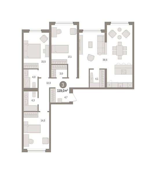 Новая 3-к квартира
 119.01 м² на 3/8 этаже в ЖК «Зарека» в городе Тюмень 