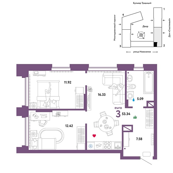 Новая 3-к квартира
 53.34 м² на 7/16 этаже в ЖК «Домашний» в городе Тюмень 