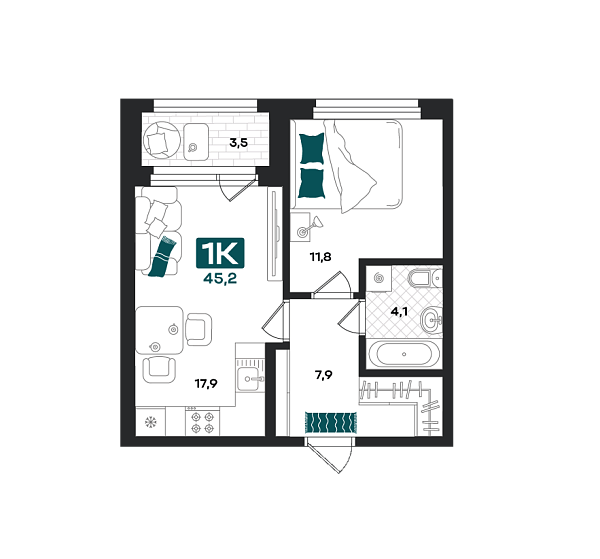 Новая 1-к квартира
 45.2 м² на 3/23 этаже в ЖК «Добро» в городе Тюмень 