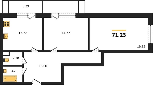 Новая 2-к квартира
 71.23 м² на 1/8 этаже в ЖК «Сады у моря» в городе Тюмень 